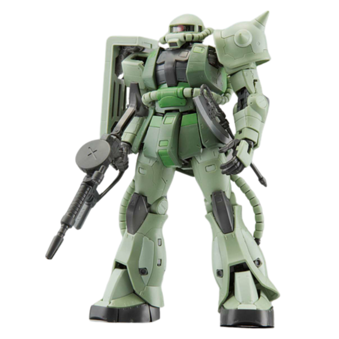 RG MS-06F Zaku II Mobile Suit Gundam 1/144 scale model kit, fully articulated with Heat Hawk, Machine Gun, and detailed mechanical features.