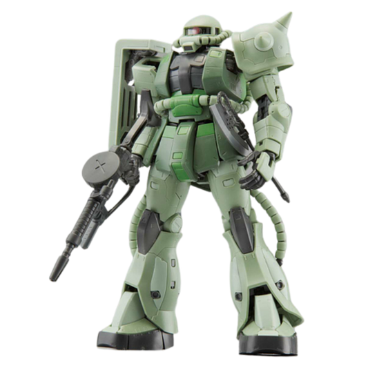 RG MS-06F Zaku II Mobile Suit Gundam 1/144 scale model kit, fully articulated with Heat Hawk, Machine Gun, and detailed mechanical features.