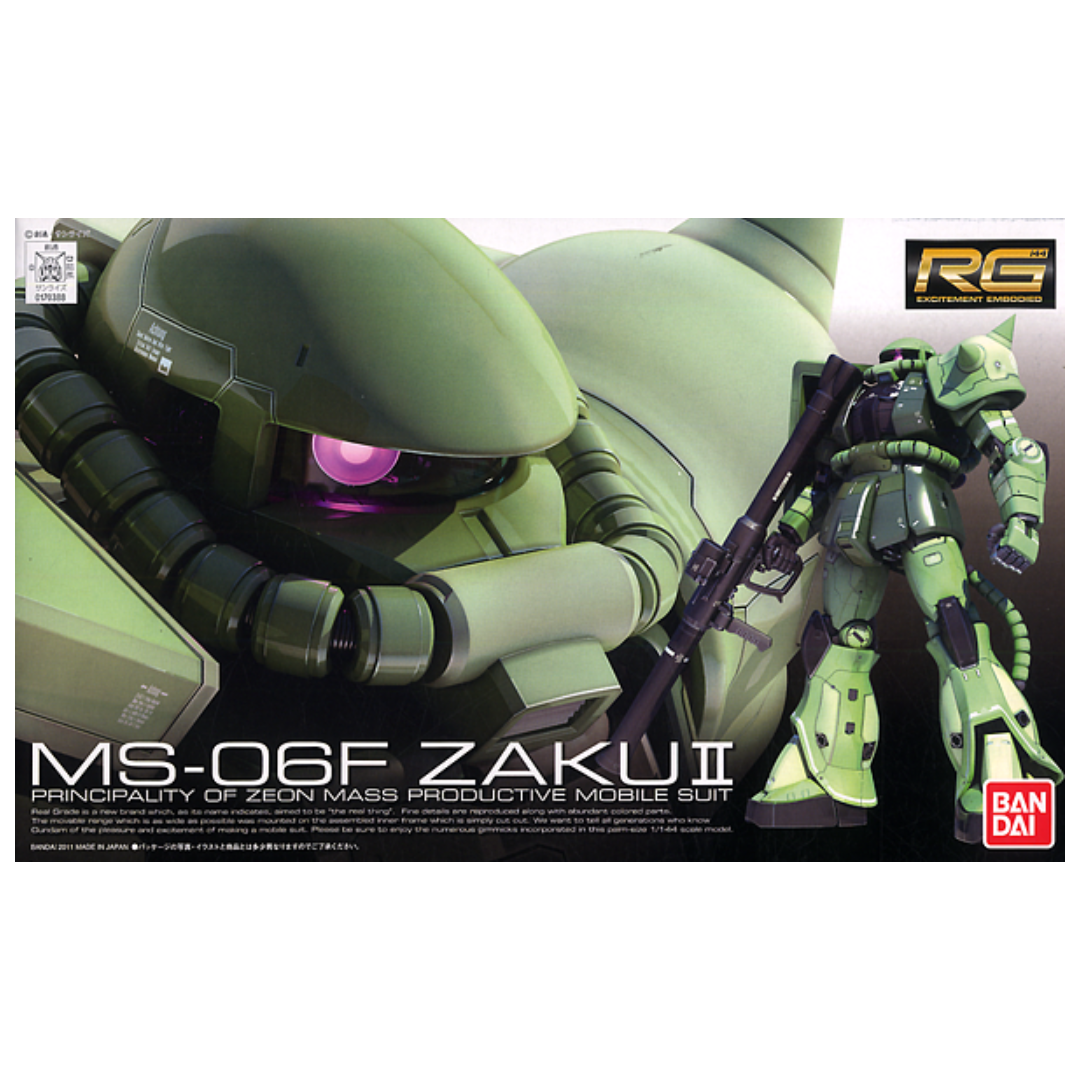 RG MS-06F Zaku II Mobile Suit Gundam box art, featuring the mobile suit in an intense, battle-ready pose with detailed mechanical elements.