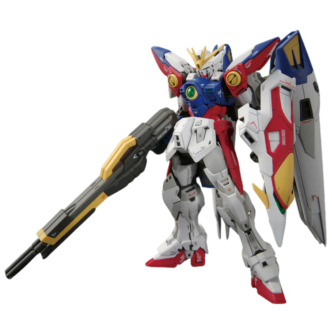 Built model of Bandai RG Wing Gundam Zero posed with Twin Buster Rifle