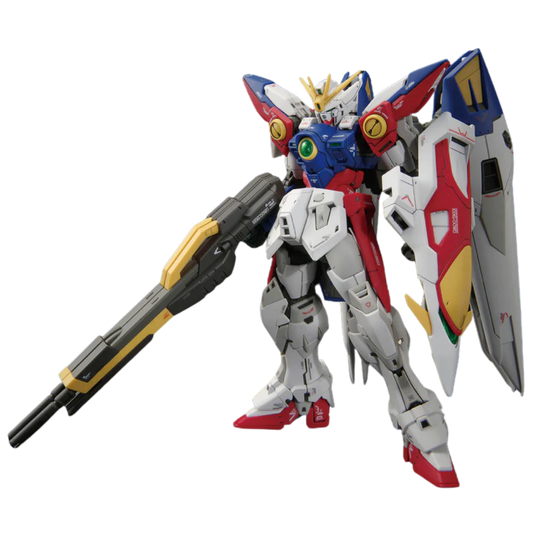 Built model of Bandai RG Wing Gundam Zero posed with Twin Buster Rifle