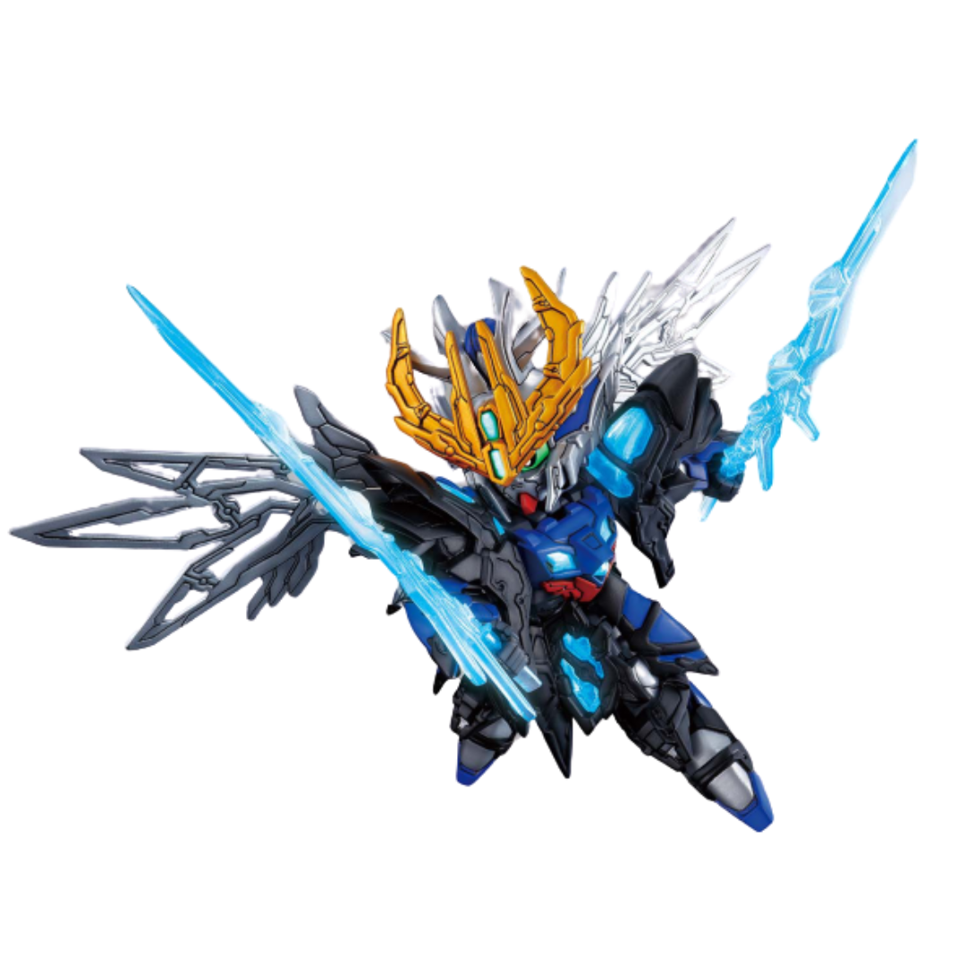 Bandai SD Sangoku Soketsuden Zhang Fei God Gundam in red and gold armor with translucent effect parts and bold weaponry.