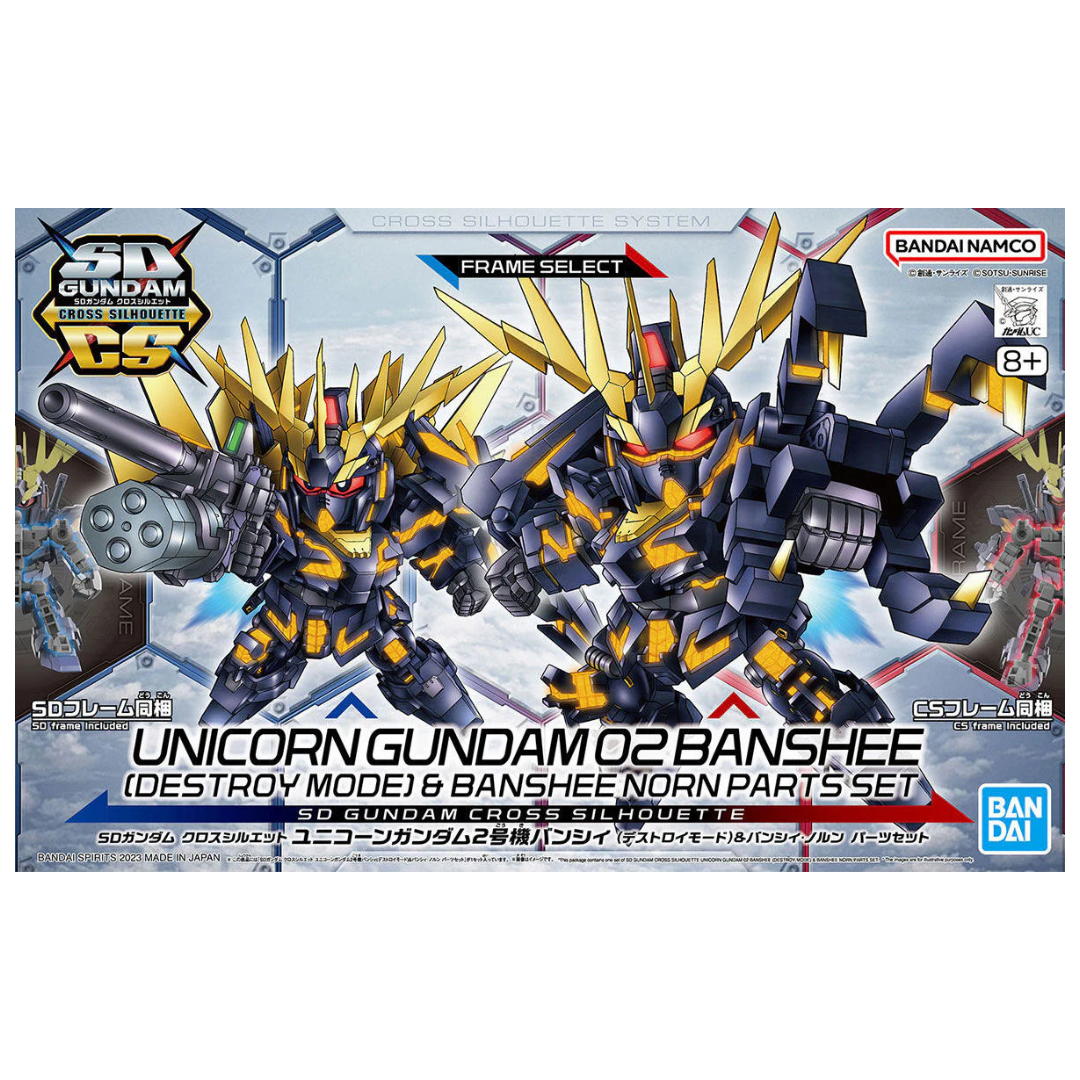 SD Cross Silhouette Unicorn Gundam 02 Banshee model kit with Destroy Mode and Norn parts, featuring intricate details and dynamic articulation.