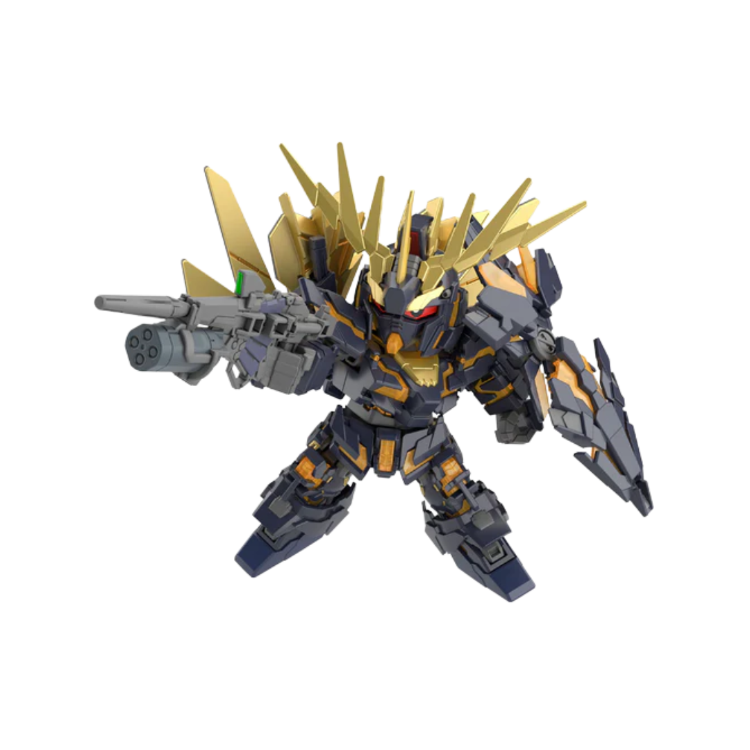 Bandai SD Cross Silhouette Banshee Gundam model with interchangeable parts, showcasing sleek black and gold armor in Destroy Mode.