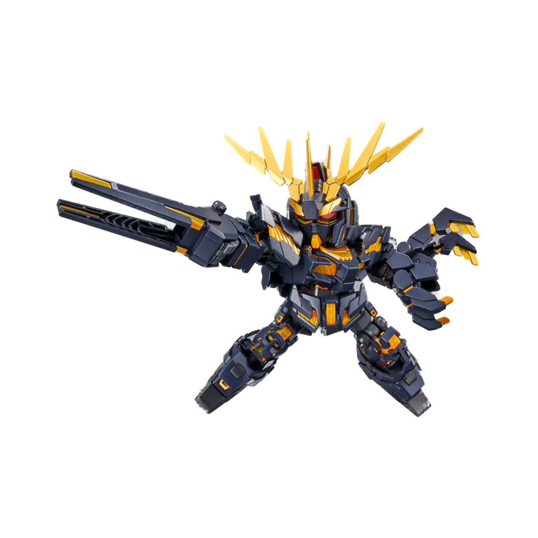 Highly detailed SD Unicorn Gundam 02 Banshee model kit with CS frame compatibility, offering customizable build options.