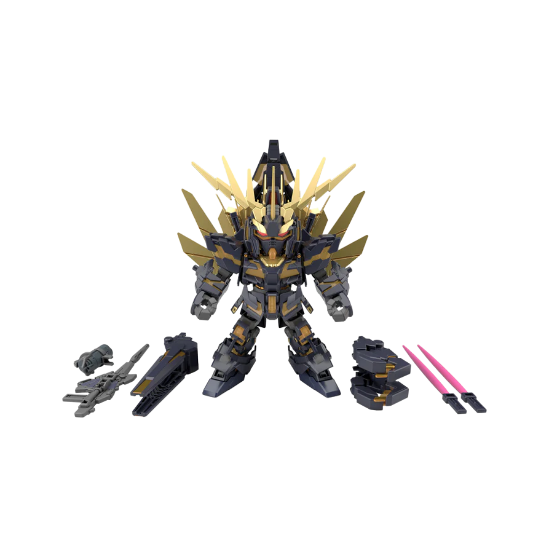 Bandai SDCS Unicorn Banshee Gundam model with transformable Destroy Mode, featuring impressive articulation and stunning gold psycho-frame.
