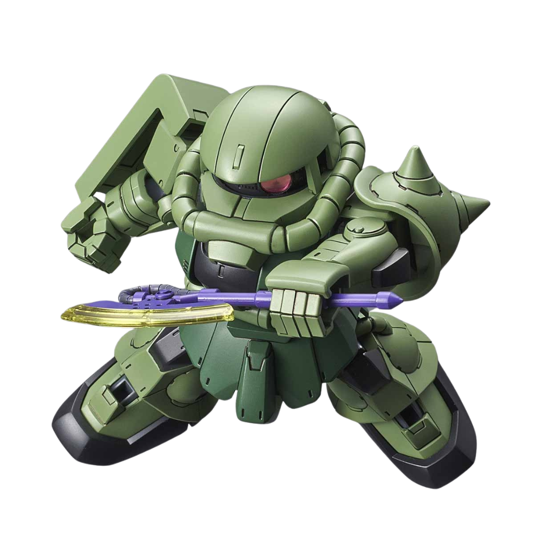 SD Cross Silhouette Zaku II Mobile Suit Gundam model kit, featuring iconic mono-eye, spiked shoulder armor, and classic Zaku Machine Gun and Heat Hawk.