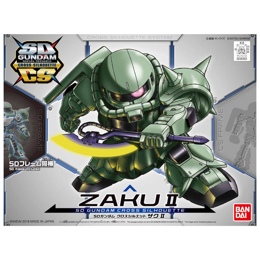 SD Cross Silhouette Zaku II Mobile Suit Gundam box art, showcasing the iconic mono-eye mobile suit in a dynamic pose with its classic weaponry.
