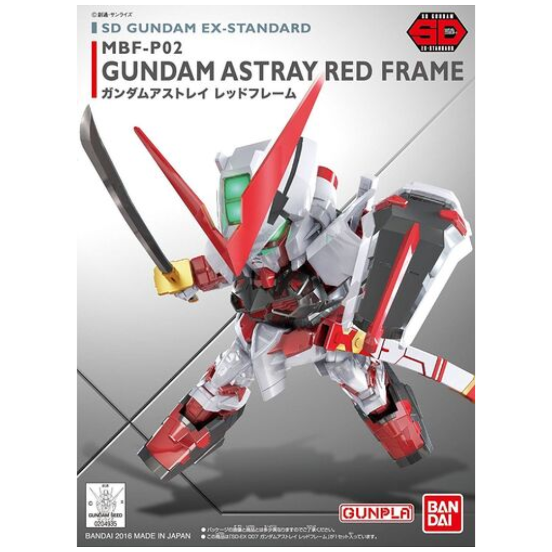 Bandai SD EX-Standard Gundam Astray Red Frame model kit box art showing it assembled with katana and shield 