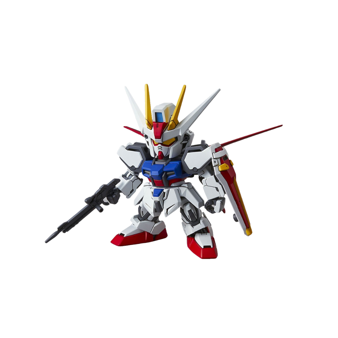 SD EX-Standard Aile Strike Gundam standing in a dynamic pose, showcasing its iconic Aile Striker Pack.