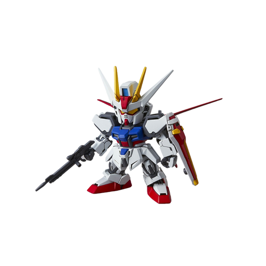 SD EX-Standard Aile Strike Gundam standing in a dynamic pose, showcasing its iconic Aile Striker Pack.