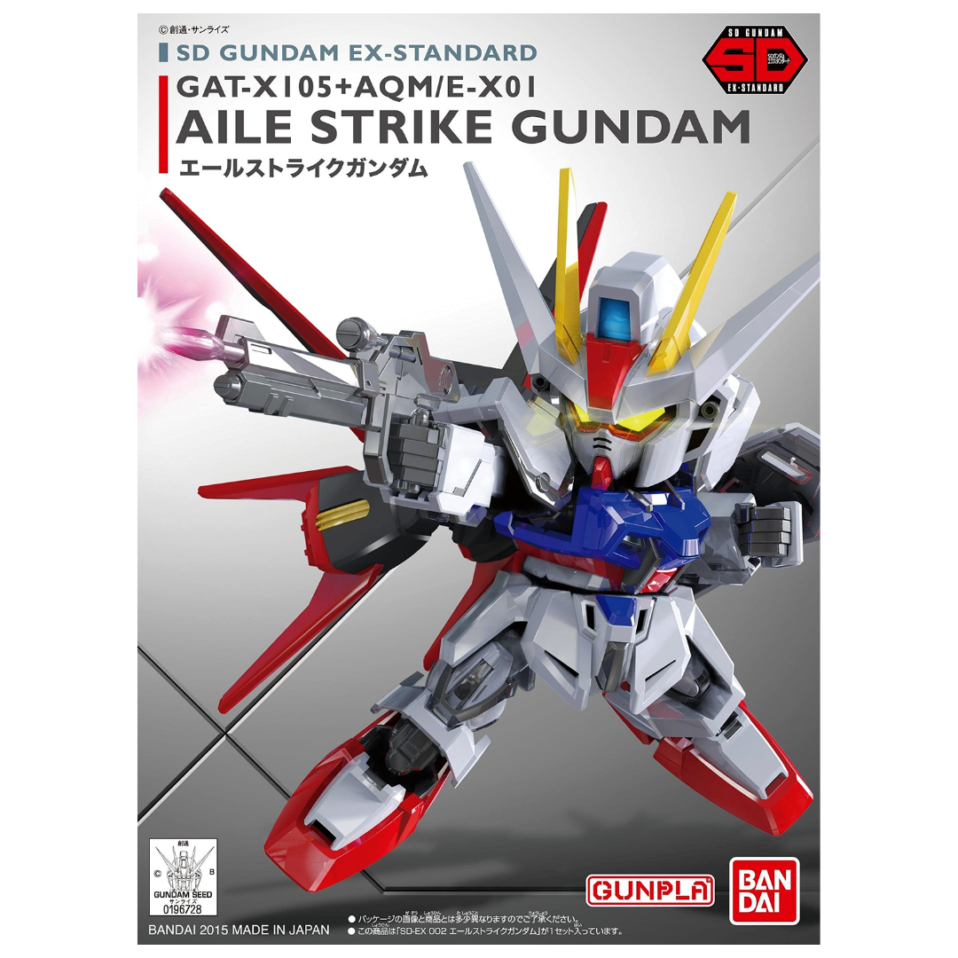Close-up of SD EX-Standard Aile Strike Gundam, highlighting its detailed features and articulation.