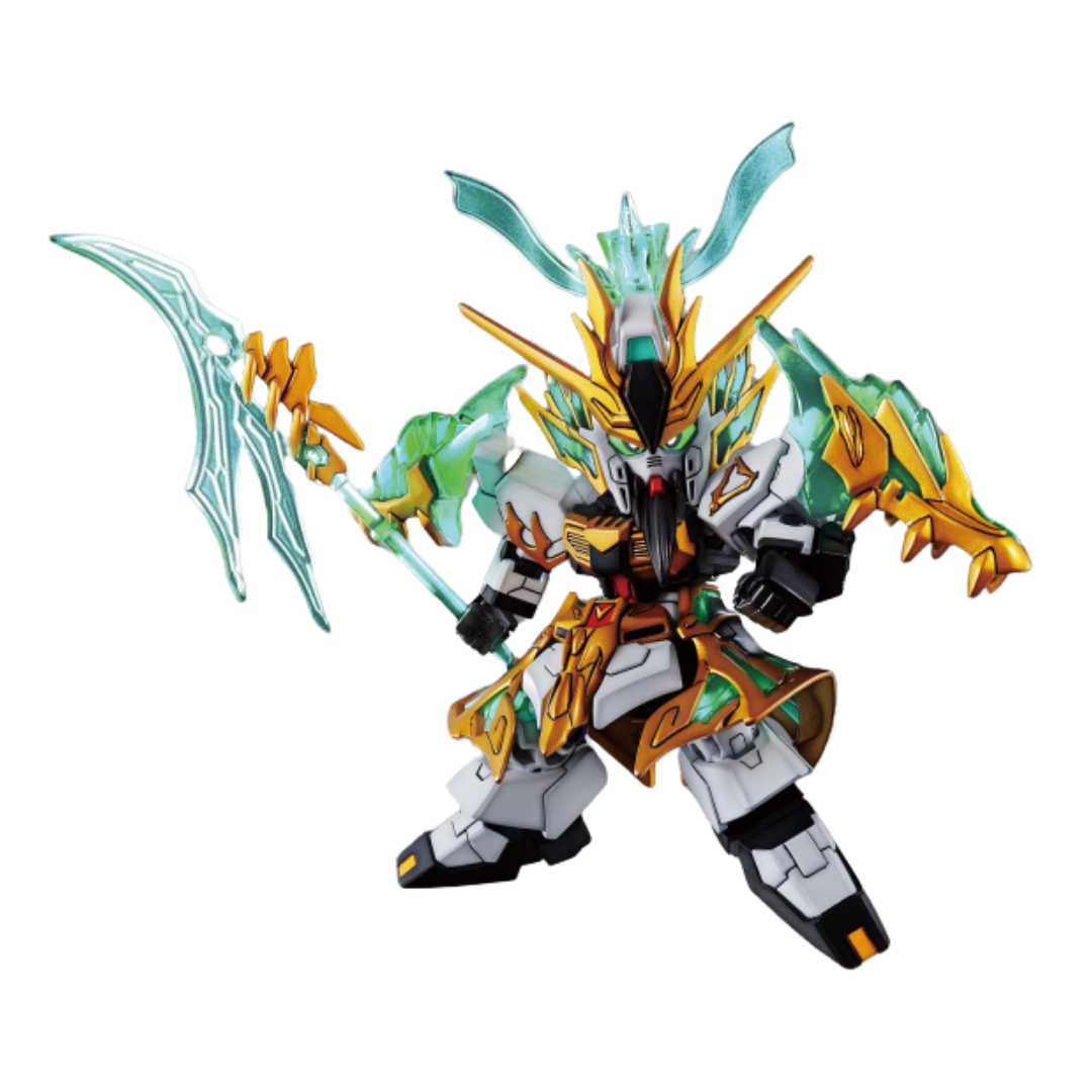 Bandai SD Sangoku Soketsuden Guan Yu Yun Chang Nu Gundam with green armor, gold trim, and translucent halberd.