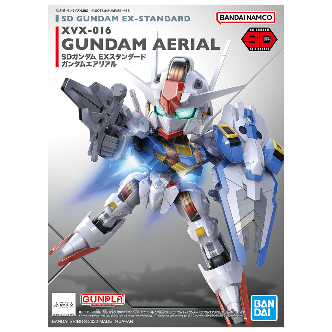 Bandai SD Gundam Aerial box art from The Witch from Mercury, featuring a dynamic illustration of the mobile suit, capturing its sleek design and futuristic features.