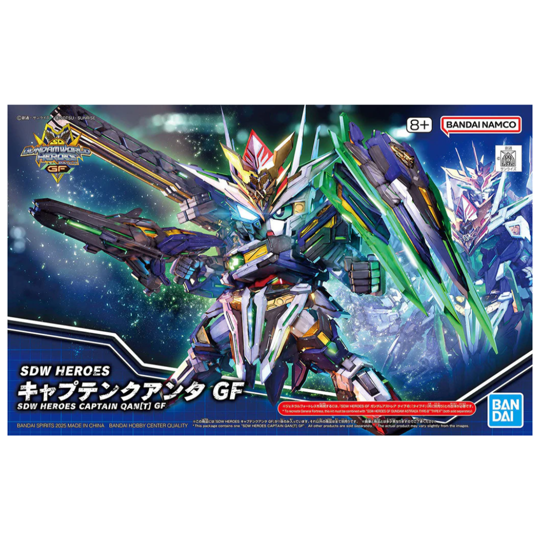 SDW Heroes Captain QAN[T] GF by Bandai, stylized SD Gundam model kit featuring pirate-inspired armor, clear parts, and dynamic posing options.








