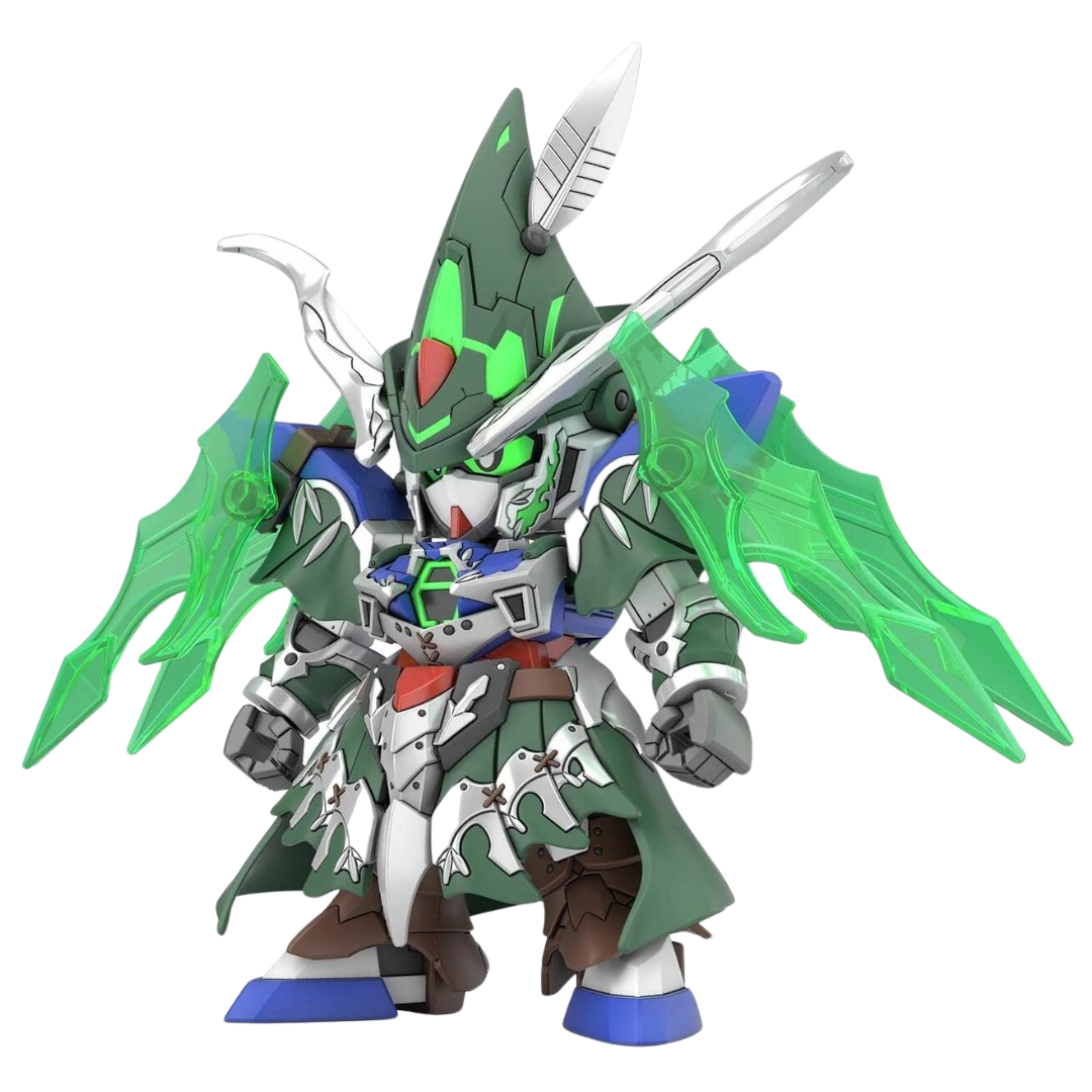 Bandai SDW Heroes Gundam Age-2 Robin Hood featuring a green-armored Gundam with a hooded cape, holding a bow and ready for action in a dynamic pose.