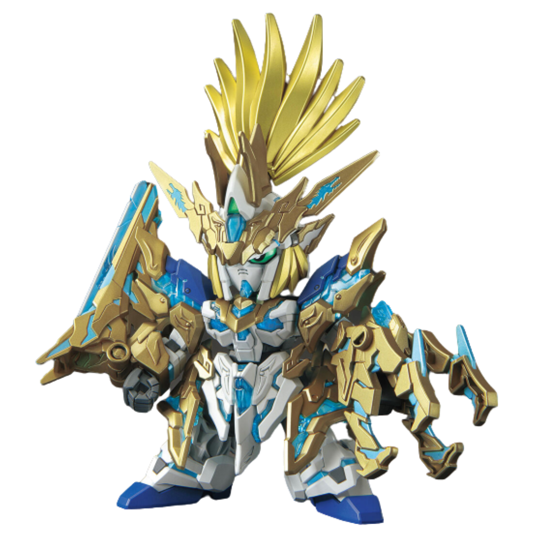 Bandai SDW Heroes Longzun Liu Bei Unicorn Gundam model kit with clear blue effect parts and stylized armor design.









