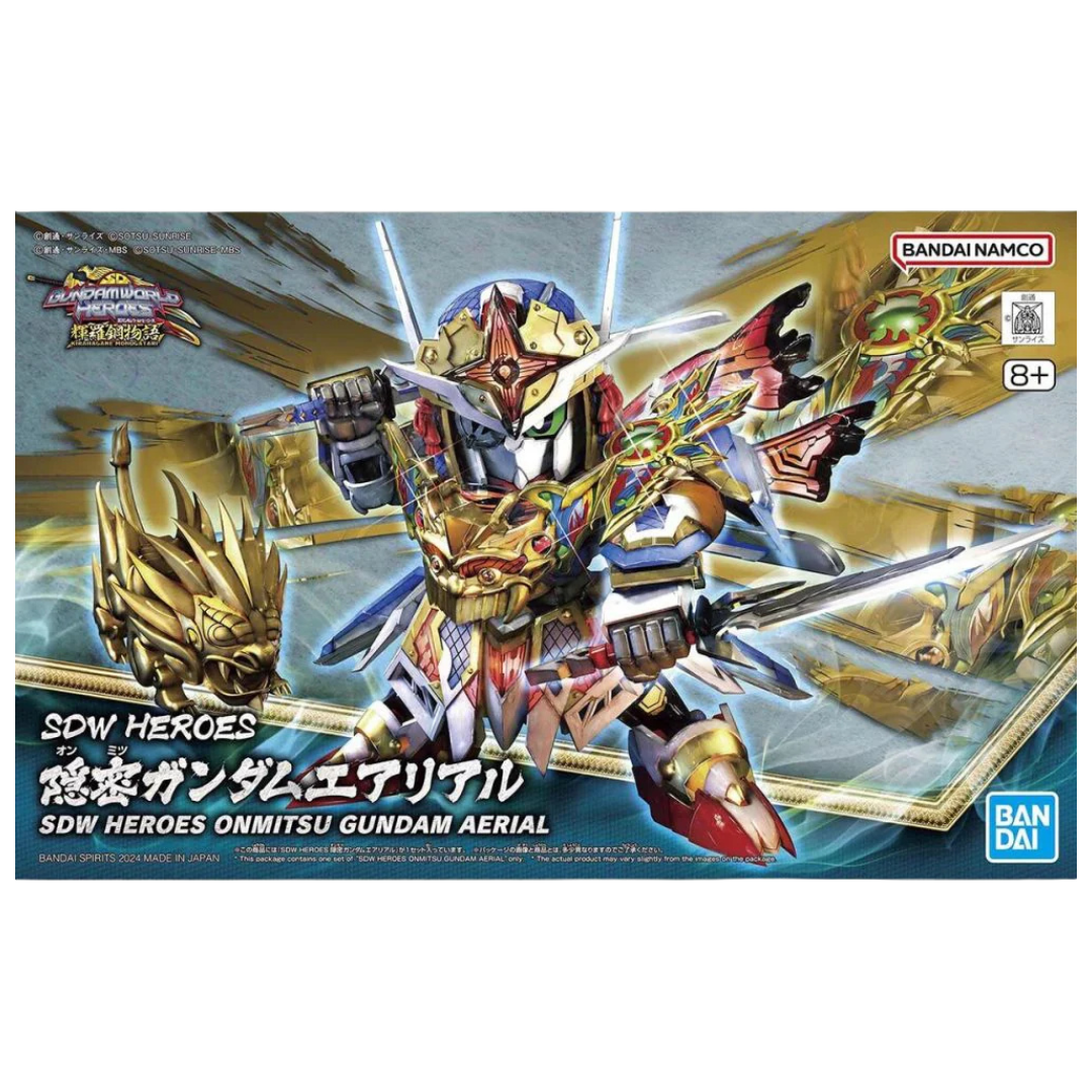 SDW Heroes Onmitsu Gundam Aerial model kit, showcasing intricate ninja-inspired armor, dynamic articulation, and detailed weaponry in SD format.