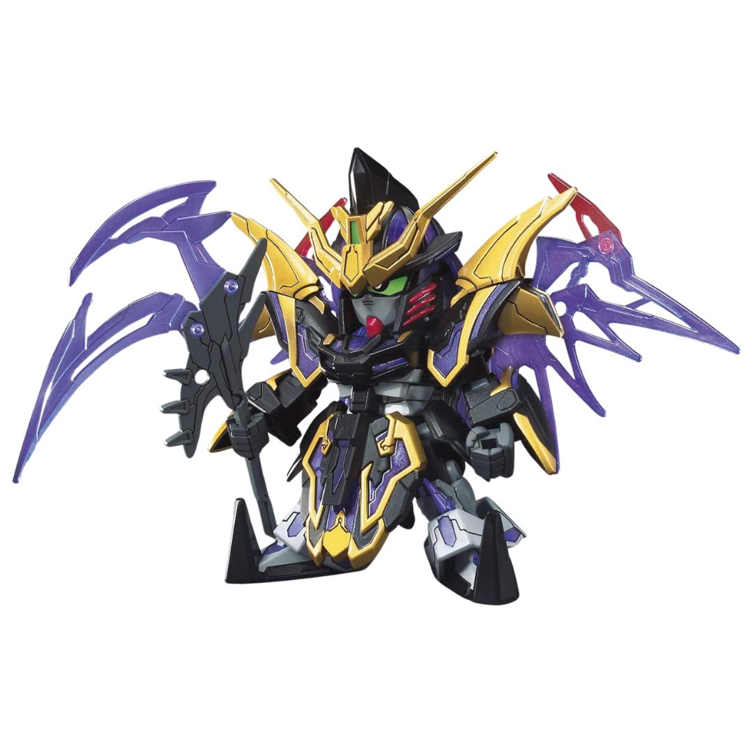 Bandai SD Xu Huang Gundam Deathscythe model kit from SD Sangoku Soketsuden, featuring detailed armor, a powerful scythe weapon, and an epic chibi-style design.