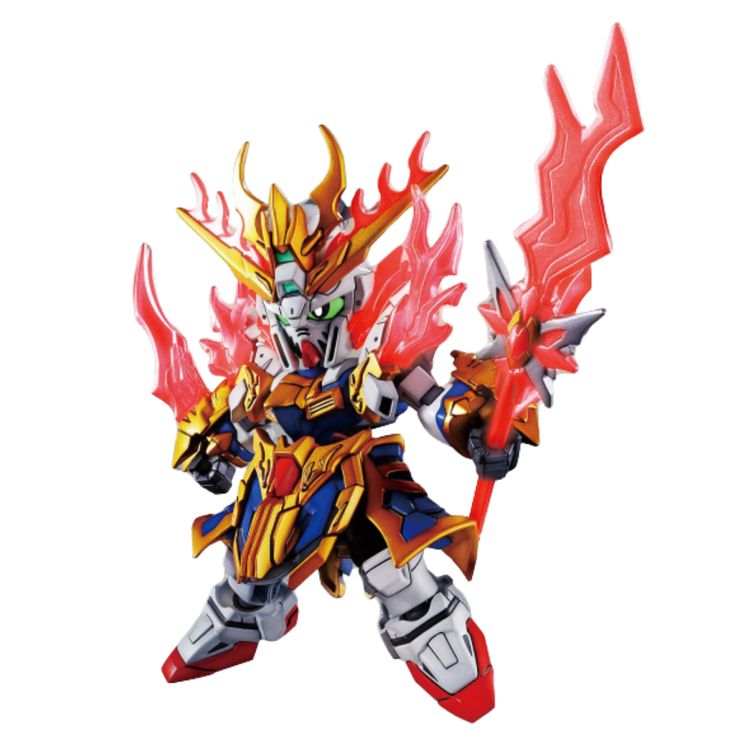 Bandai SD Sangoku Soketsuden Zhang Fei God Gundam in red and gold armor with translucent effect parts and bold weaponry.