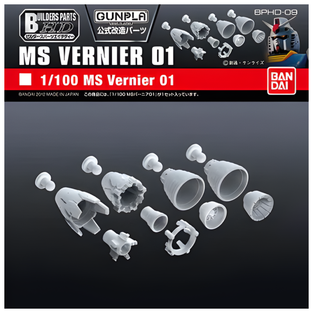 Bandai Builders Parts HD 1/100 MS Vernier 01 accessory kit showing multiple vernier and thruster nozzle components for 1/100 Gunpla customisation.