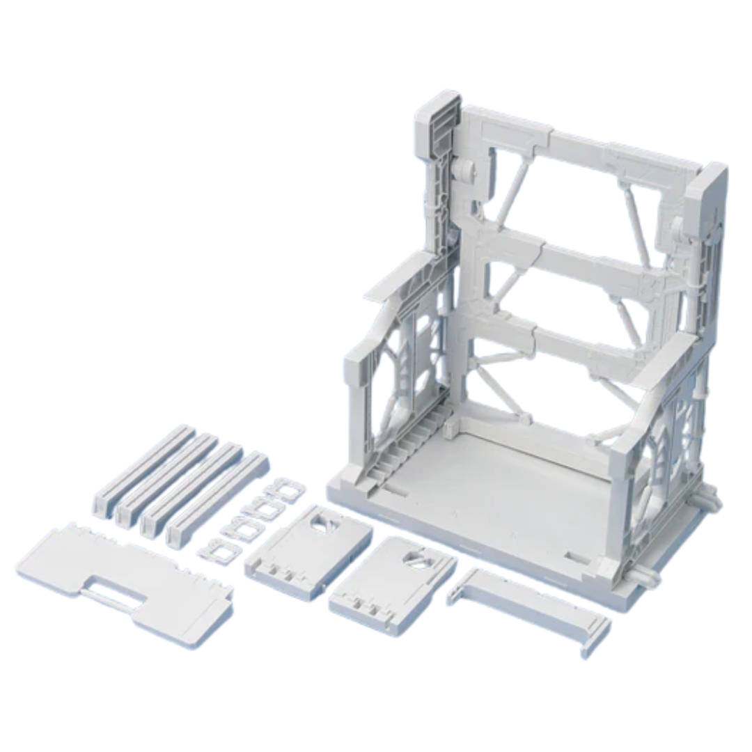Bandai Builders Parts System Base 001 White display base with adjustable arm and hangar panels for Gunpla presentation