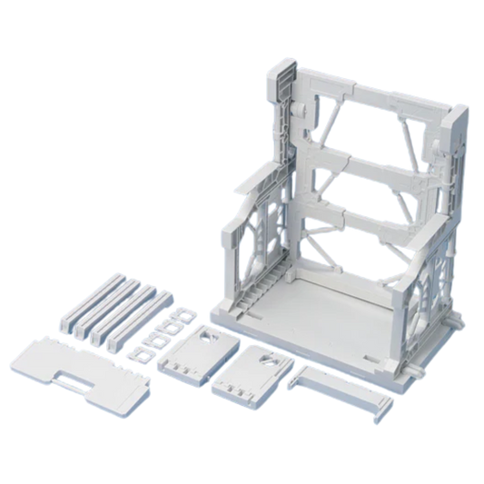 Bandai Builders Parts System Base 001 White display base with adjustable arm and hangar panels for Gunpla presentation