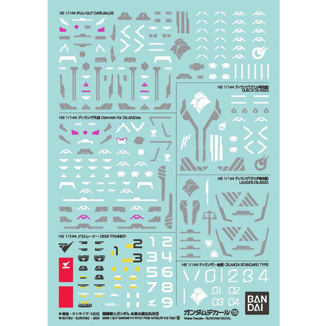 Bandai GD135 Multiuse 3 Witch from Mercury waterslide decal sheet with unit IDs and caution markings for Gunpla detailing