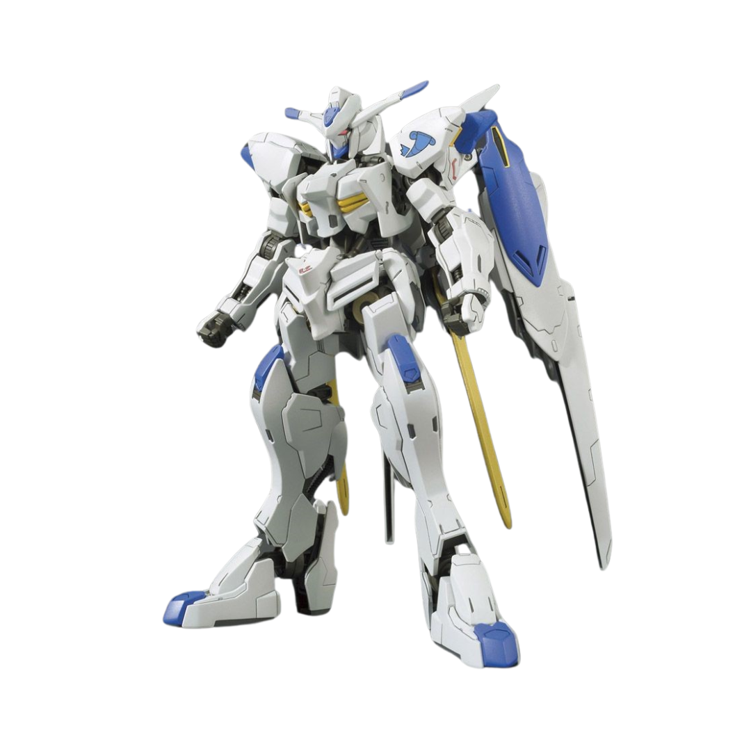 Bandai HG Gundam Bael model kit from Gundam Iron-Blooded Orphans, featuring dual swords, sleek white armor, and impressive articulation in 1/144 scale.