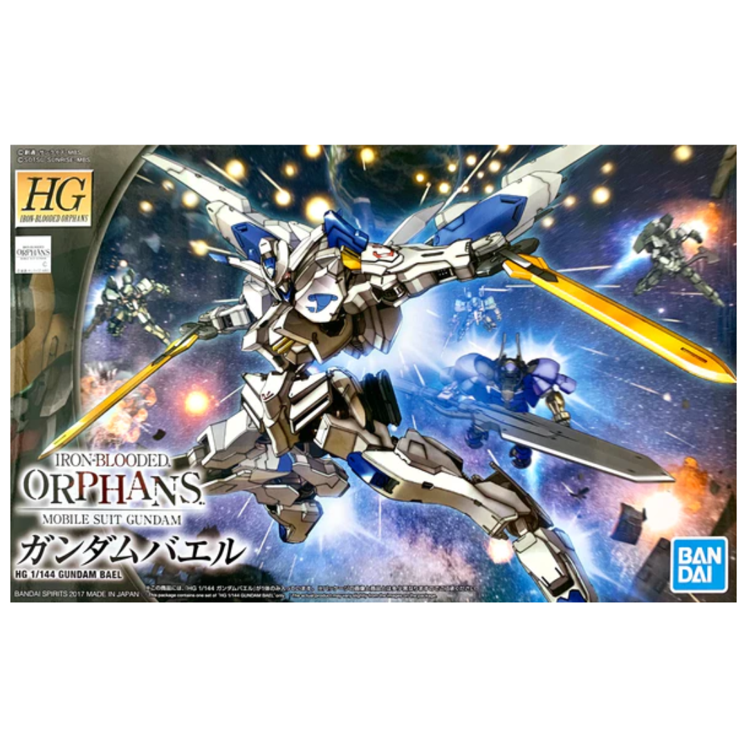 Bandai HG Gundam Bael model kit from Gundam Iron-Blooded Orphans, featuring dual swords, sleek white armor, and impressive articulation in 1/144 scale.