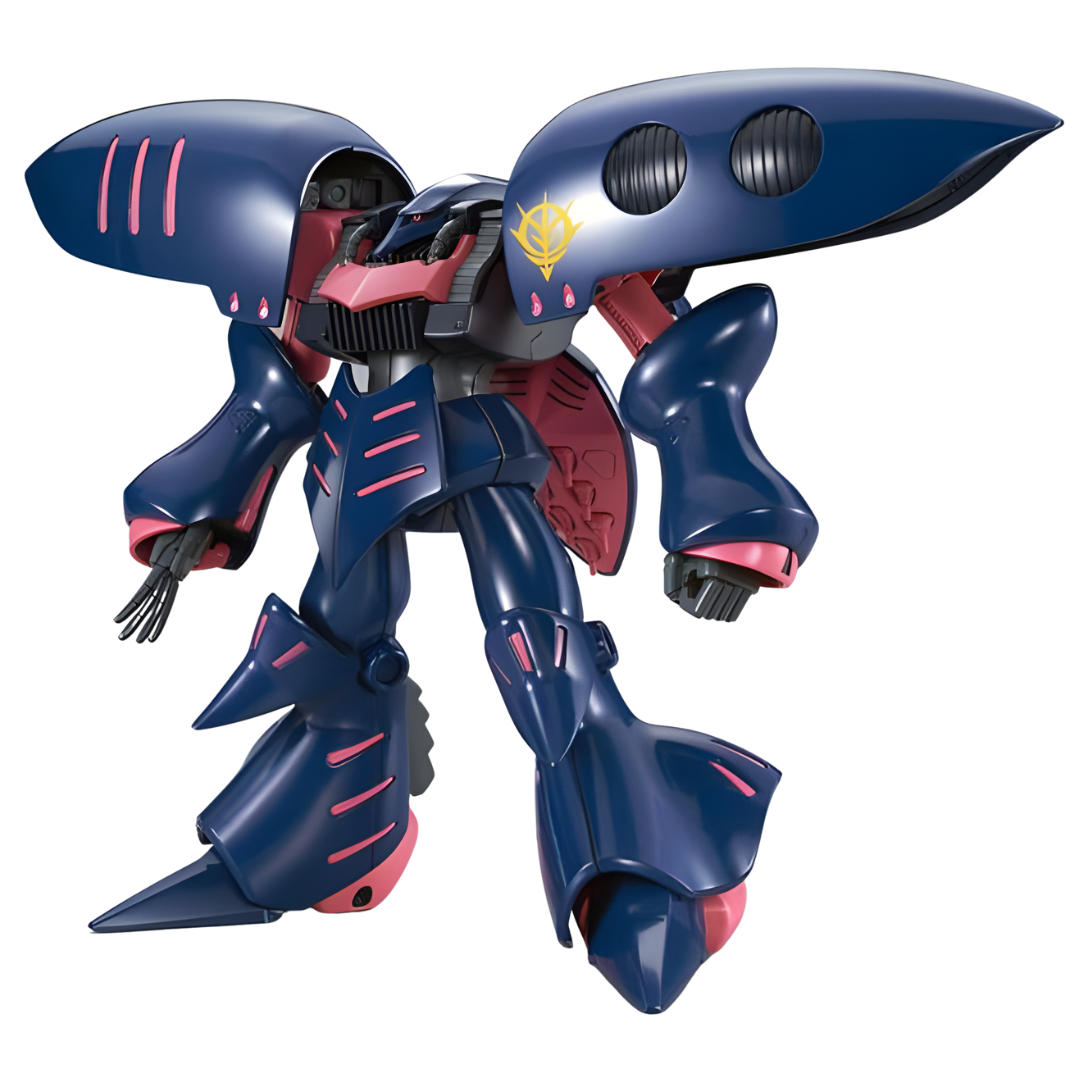Bandai HG AMX-004 Qubeley Mk-II 1/144 scale model kit featuring curved armor, binder funnels, and beam sabers.