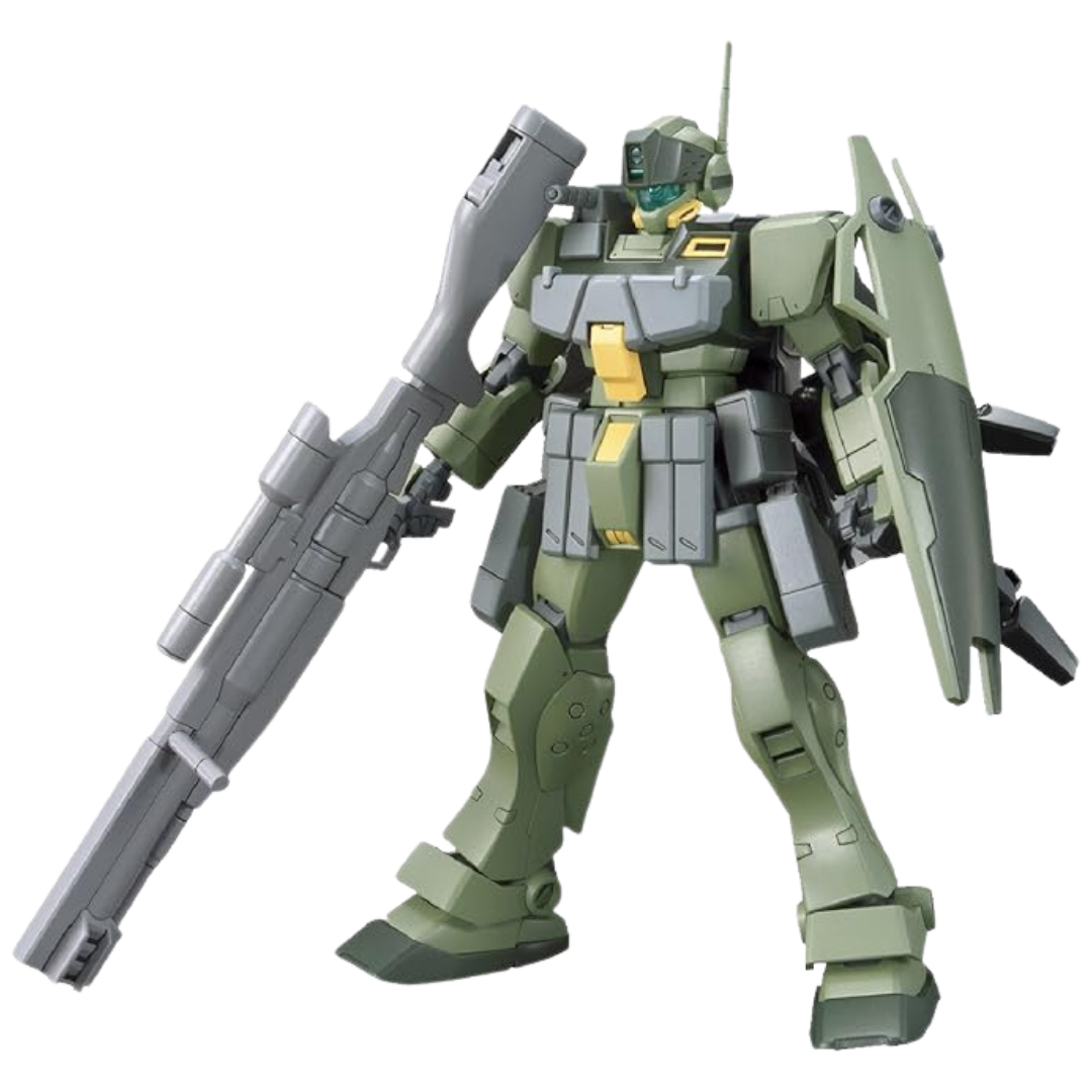 Bandai HG GM Sniper K9 1/144 scale model kit front view showing mobile suit with beam sniper rifle and K9 support unit