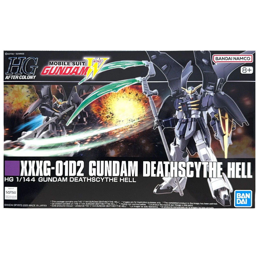 Bandai HG Gundam Deathscythe Hell 1/144 model kit box art from Mobile Suit Gundam Wing Endless Waltz with beam scythe and wings
