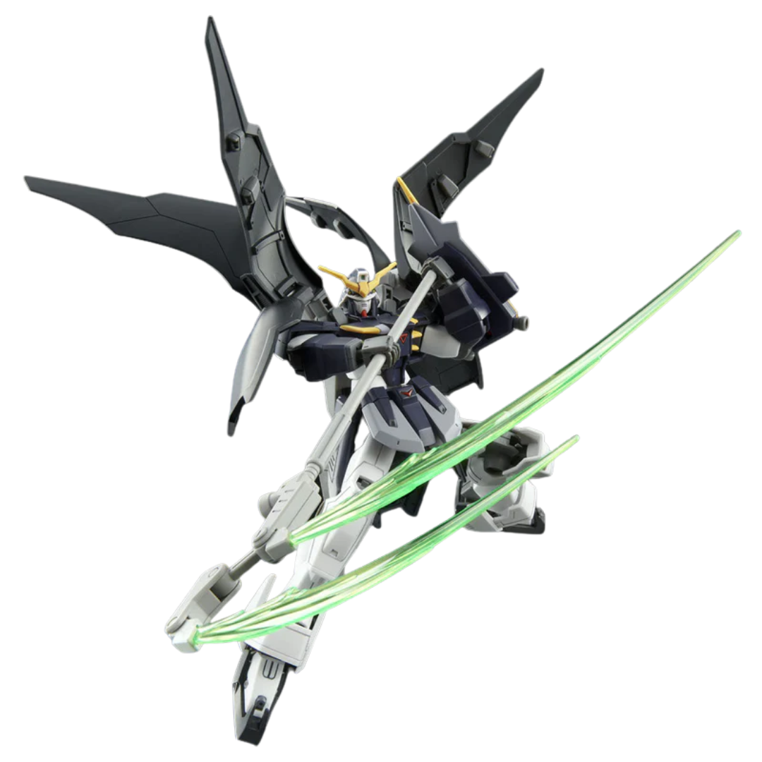Bandai HG Gundam Deathscythe Hell 1/144 model kit posed with extended wings and beam scythe ready for battle from Gundam Wing Endless Waltz