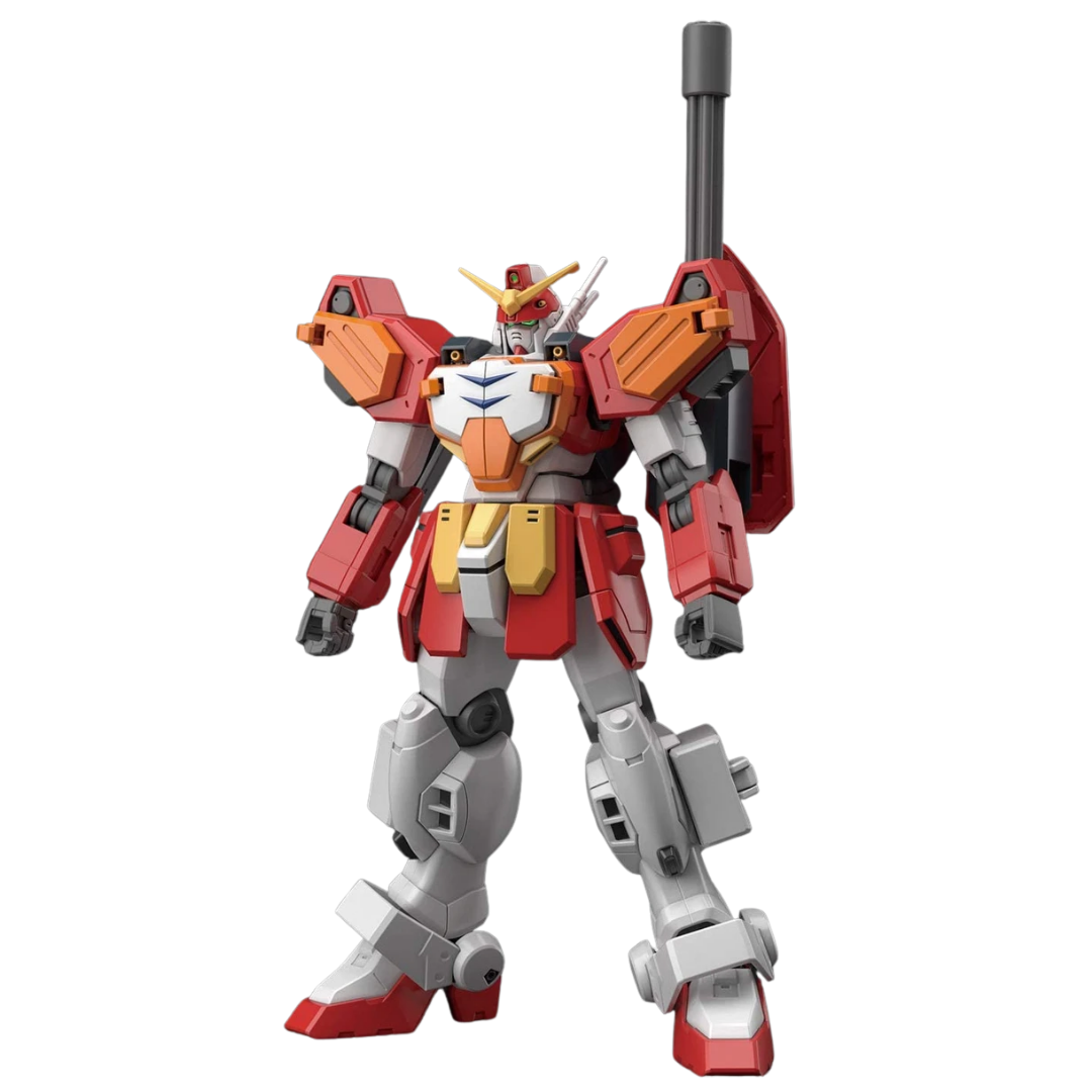 Bandai HG Gundam Heavyarms 1/144 Gundam Wing model kit box art with beam gatling and missile fire