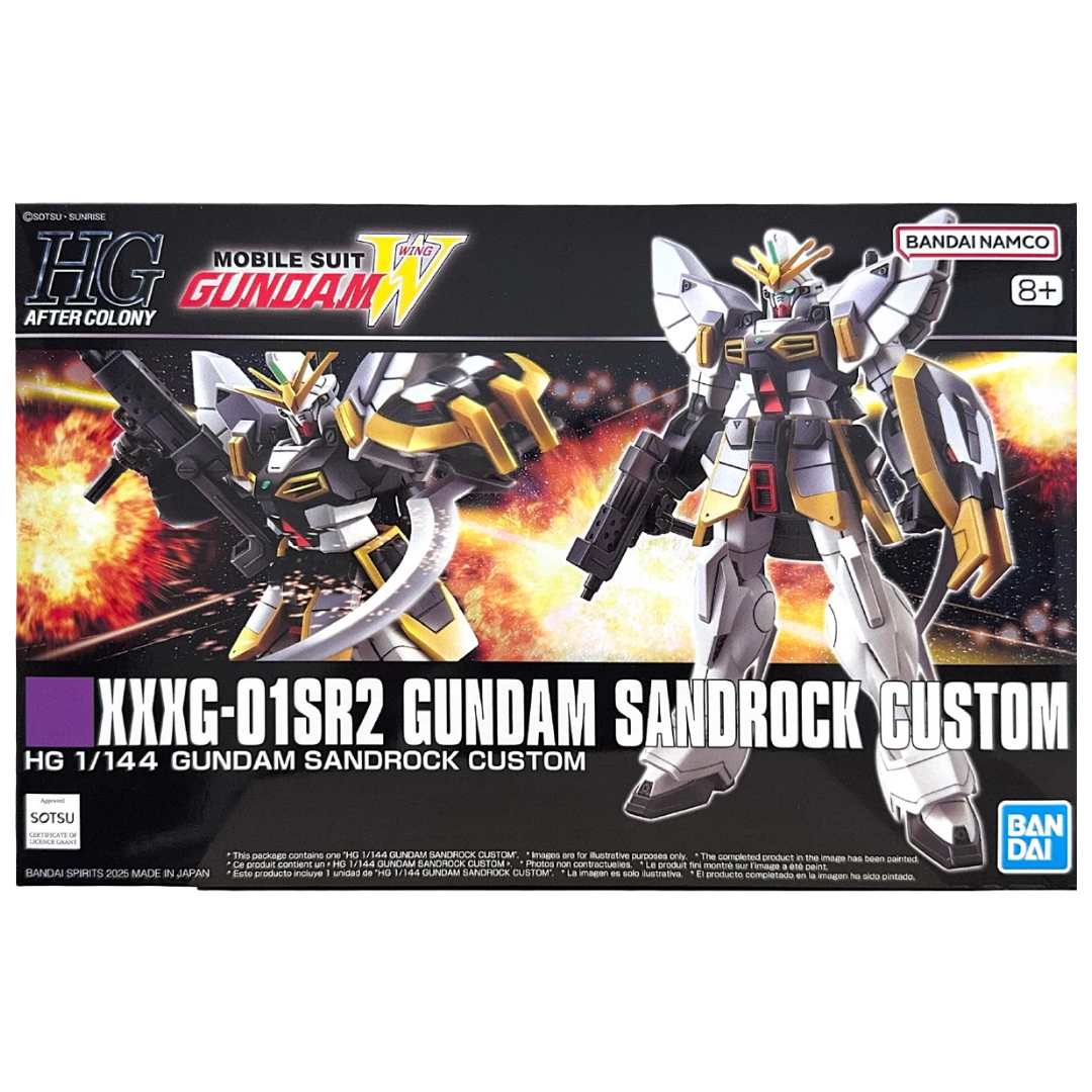 Bandai HG Gundam Sandrock Custom 1/144 model kit box art from Mobile Suit Gundam Wing Endless Waltz featuring heat shotels