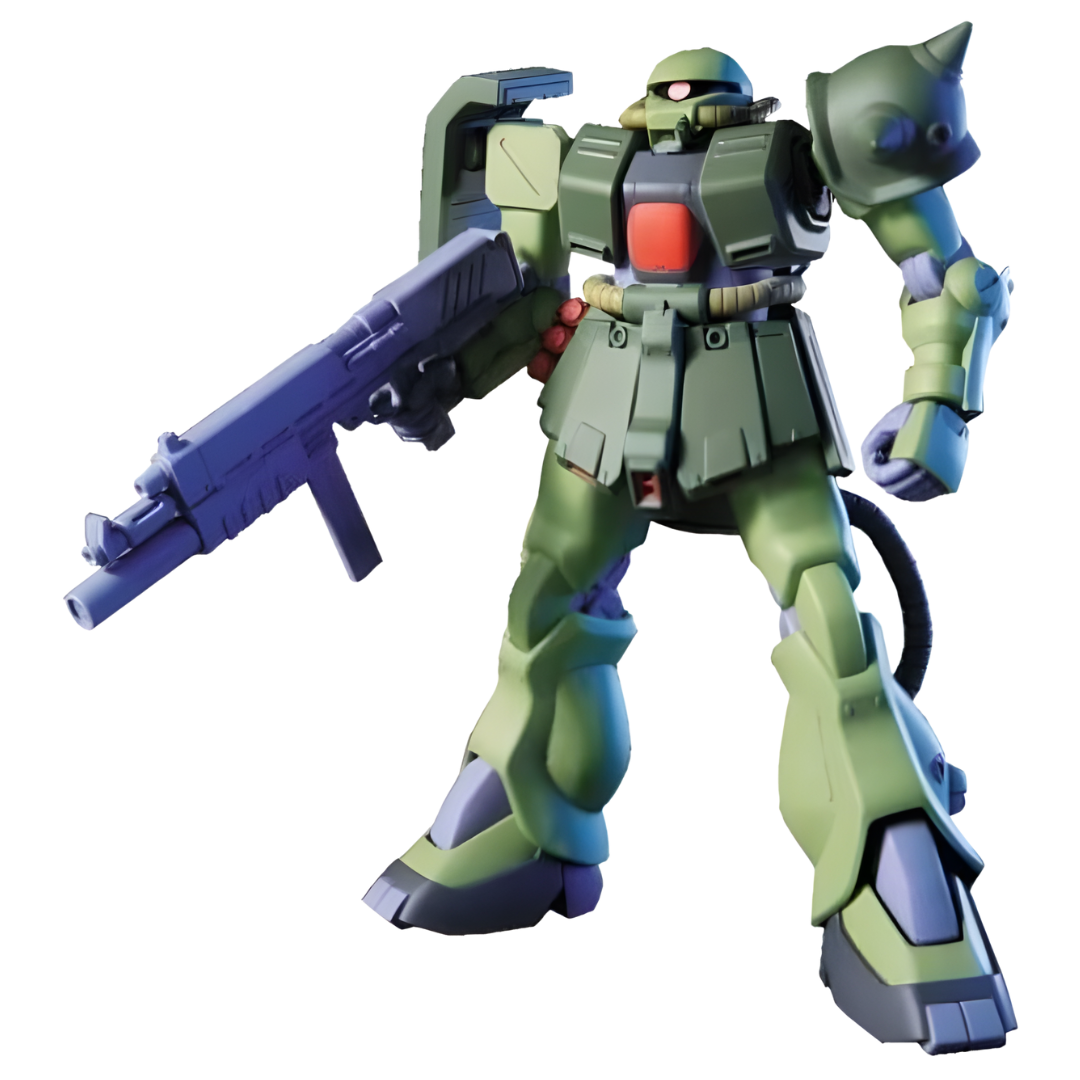 Bandai HG MS-06FZ Zaku II FZ Gundam 0080 model kit featuring green Zeon mobile suit with heat hawk and machine gun.