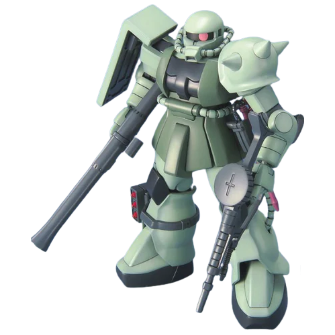 Bandai HG 1/144 MS-06F Zaku II built kit, three-quarter pose with mono-eye, Mobile Suit Gundam