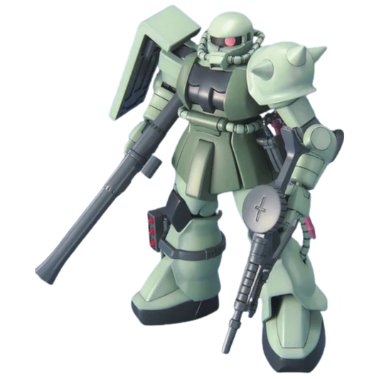 Bandai HG 1/144 MS-06F Zaku II built kit, three-quarter pose with mono-eye, Mobile Suit Gundam