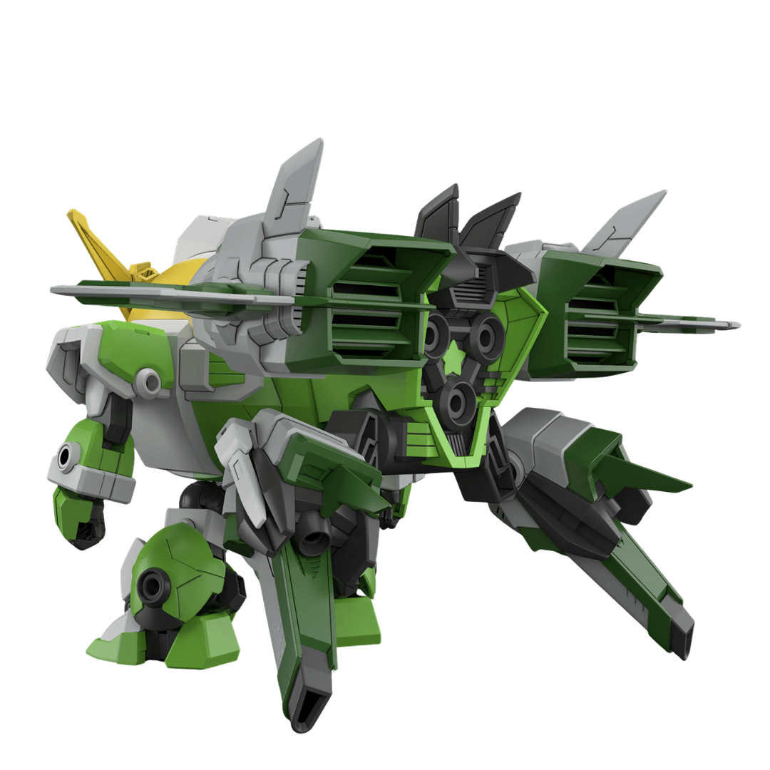Bandai HG New Keroro Robo rear view showing backpack thrusters, wing parts, and green armor design