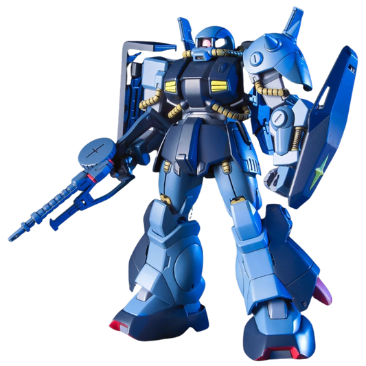 Bandai HG 1/144 RMS-106 Hi-Zack Earth Federation built kit, three-quarter pose with rifle, Mobile Suit Zeta Gundam