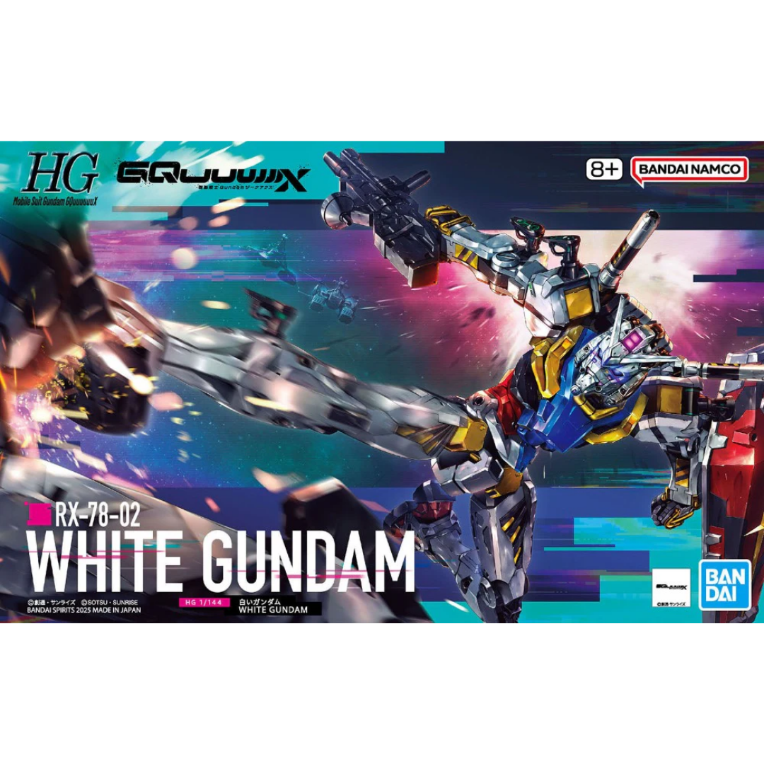 Bandai HG RX-78-02 White Gundam GQuuuuuuX kit box assembled with rifle and shield box art