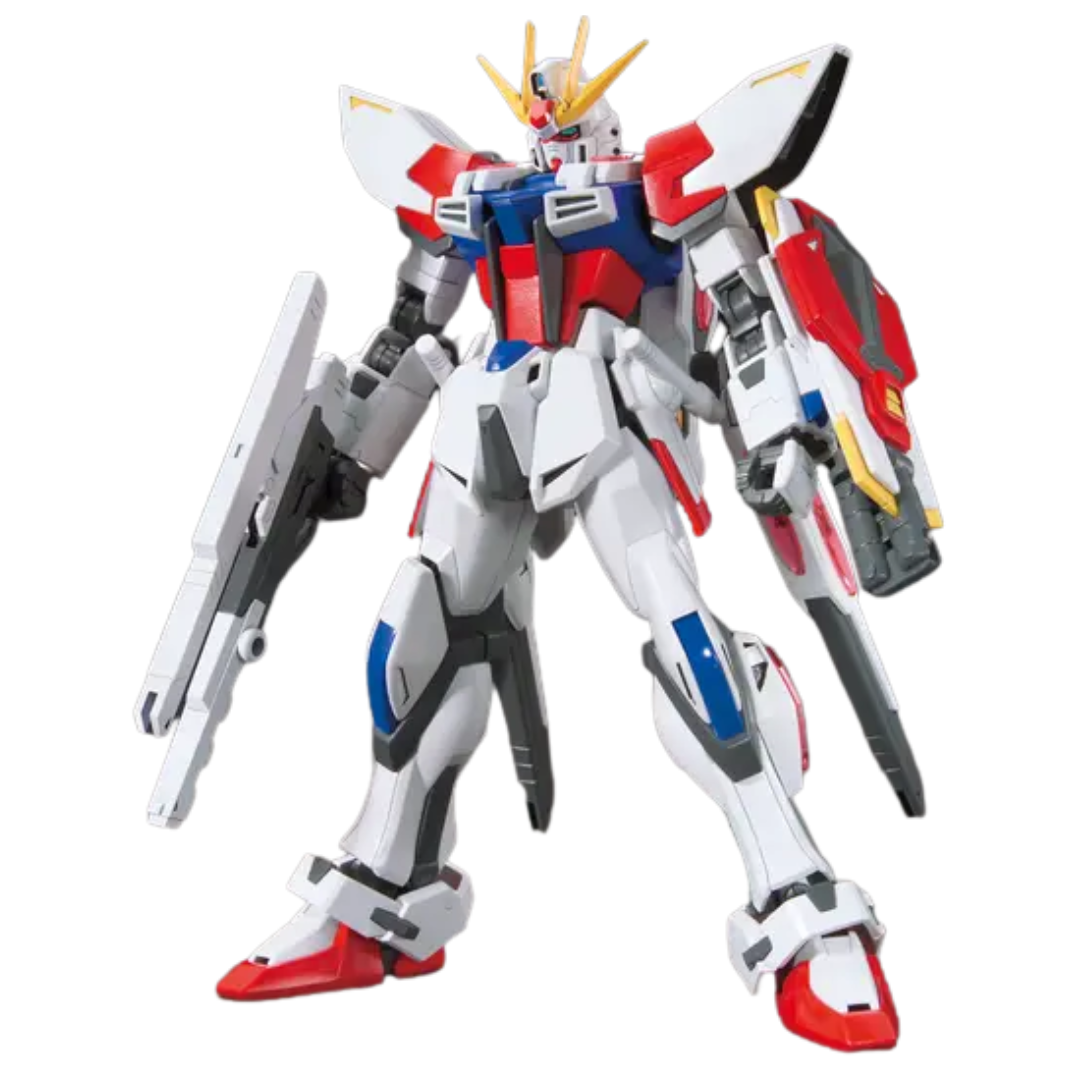 Bandai HG Star Build Strike Gundam Plavsky Wing built kit, three-quarter pose with wing pack, Build Fighters