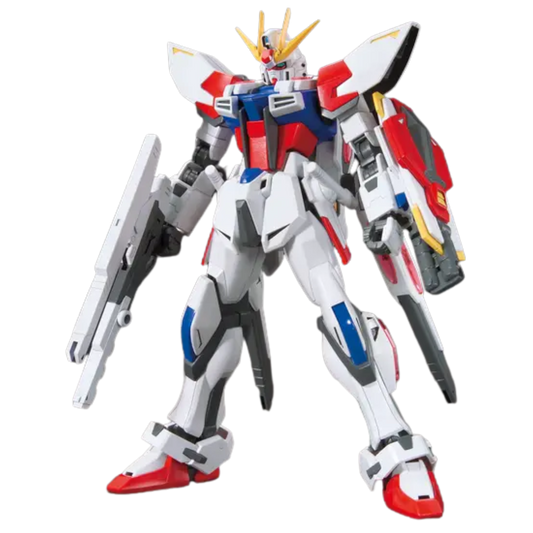 Bandai HG Star Build Strike Gundam Plavsky Wing built kit, three-quarter pose with wing pack, Build Fighters