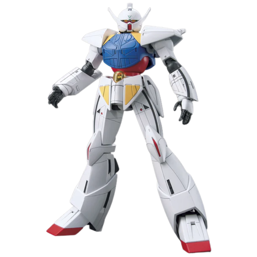 Bandai HG 1/144 Turn A Gundam built kit, three-quarter front pose, clean white armour, Correct Century display piece