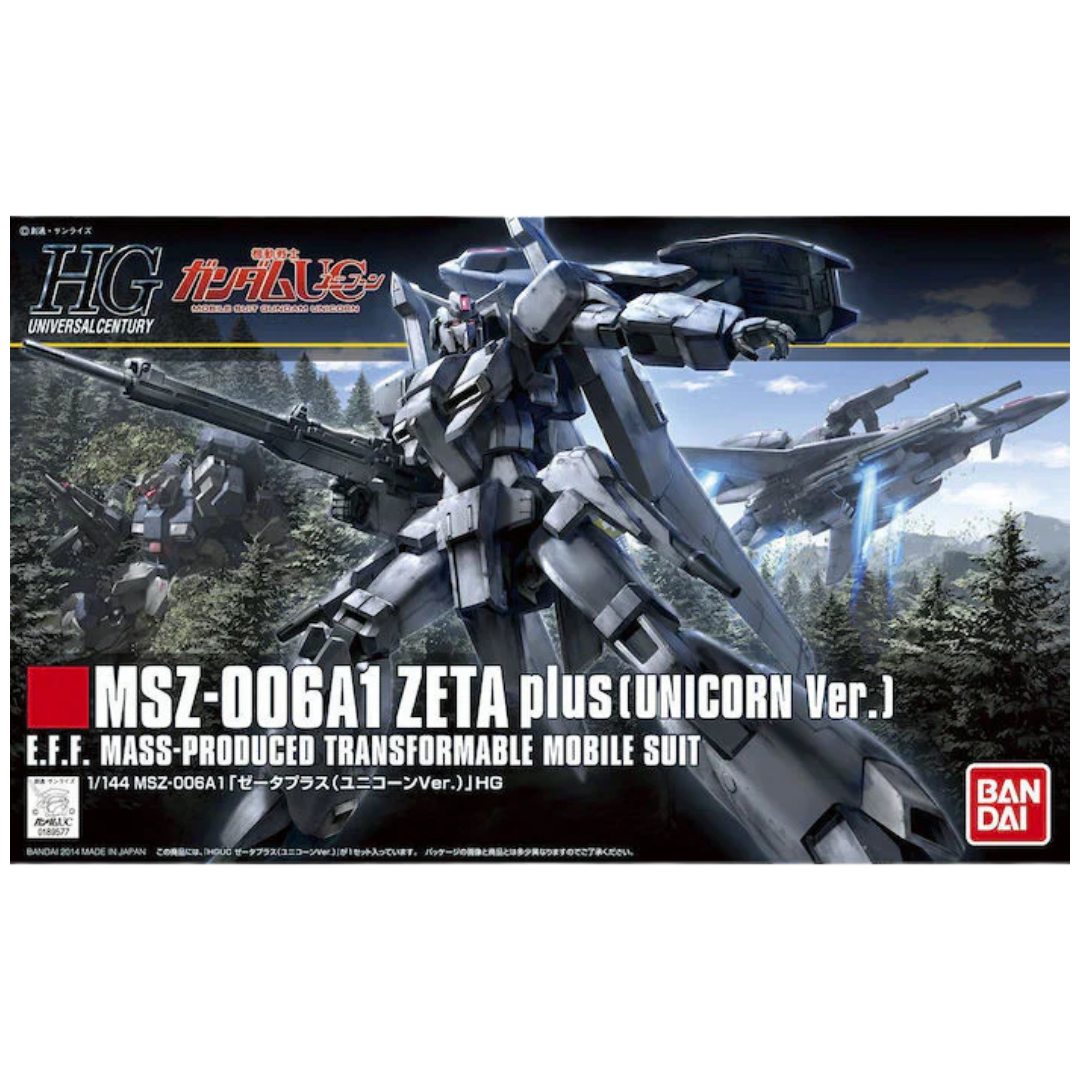 Box art for Bandai HGUC Zeta Plus (Unicorn Ver.) depicting mobile suit in dynamic space scene