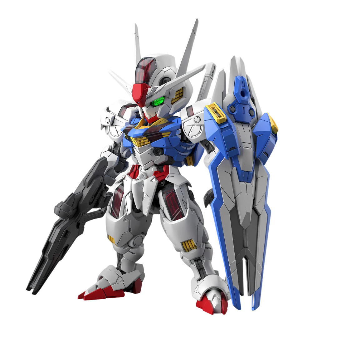 Bandai MGSD Gundam Aerial model kit front view standing with beam rifle and shield attached