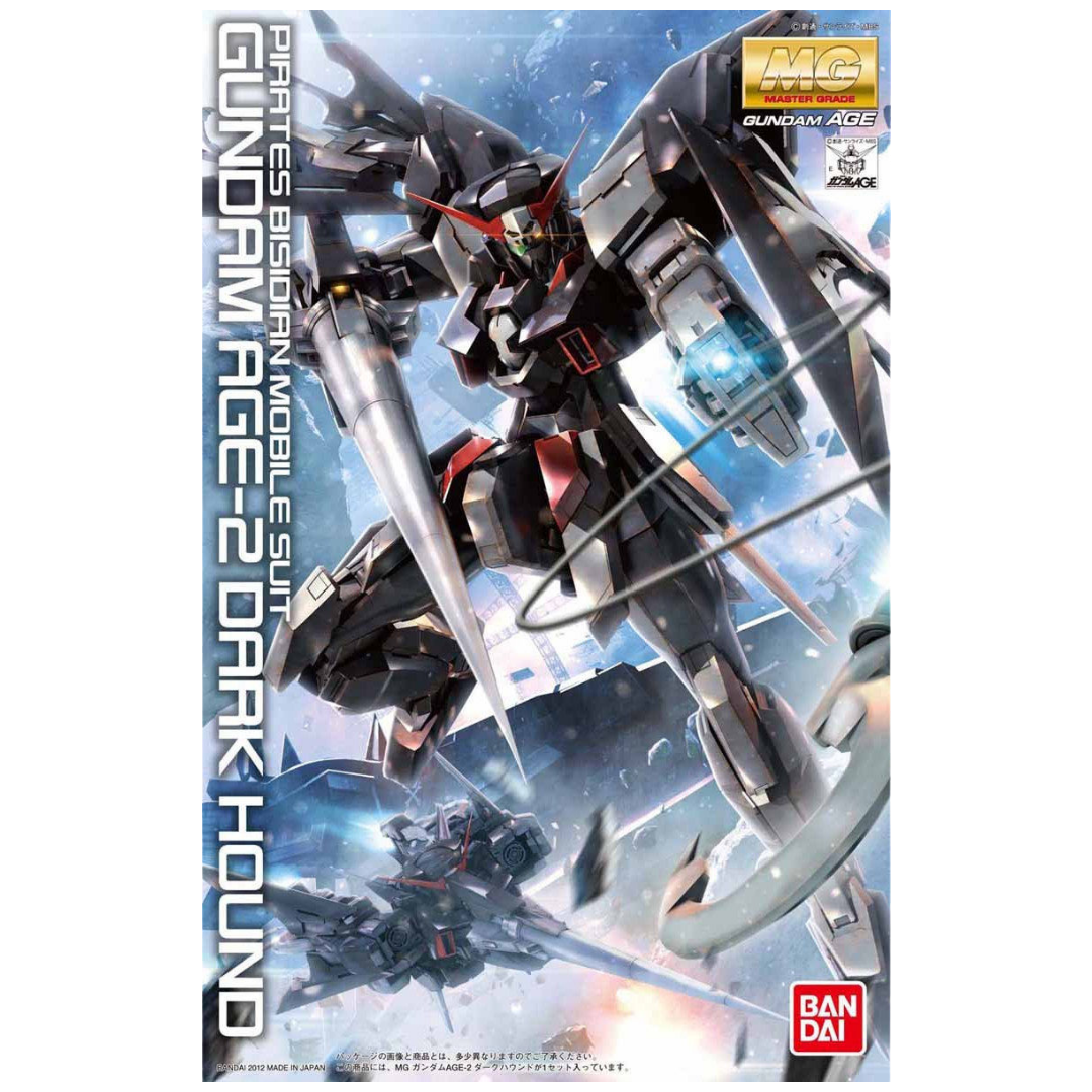Bandai MG Gundam AGE-2 Dark Hound box art showing mobile suit in Strider mode and combat stance with DODS Lancer