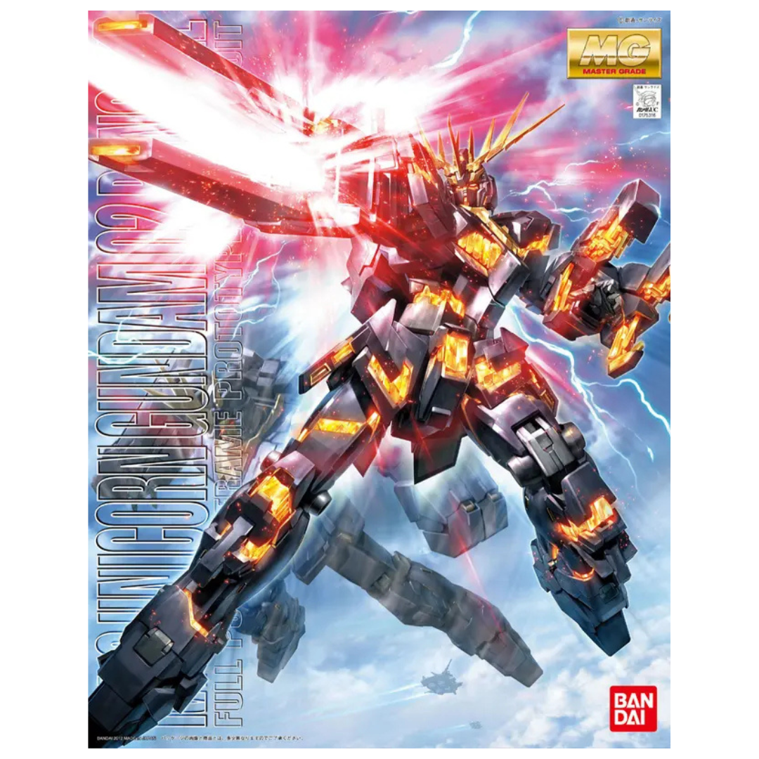 Bandai MG Unicorn Gundam 02 Banshee 1/100 model kit box art from Gundam UC featuring psycho-frame design