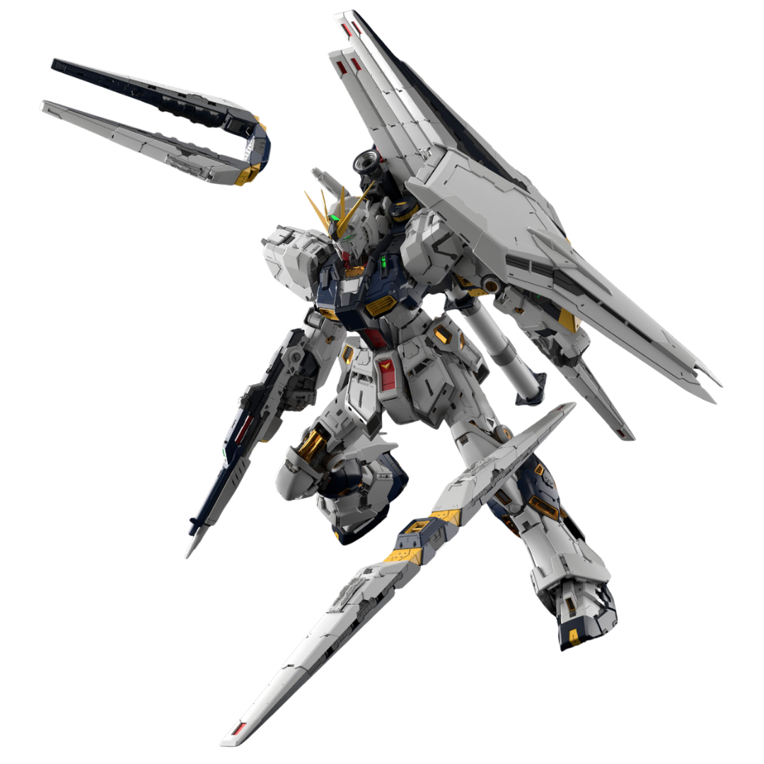 Bandai PG Unleashed RX-93 Nu Gundam action pose with Fin Funnels, rifle, and shield